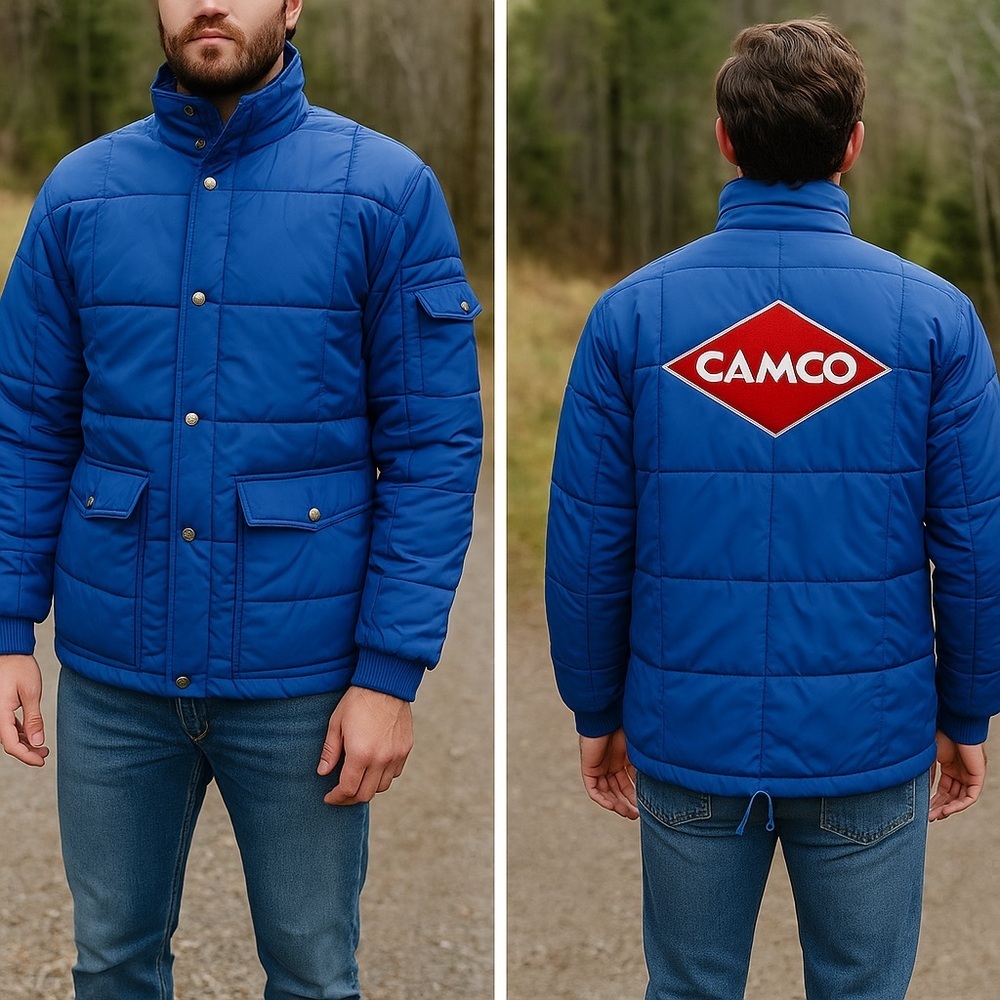 Vintage 80s USA Made Puffer Jacket Mens M CAMCO Logo Blue Workwear Retro